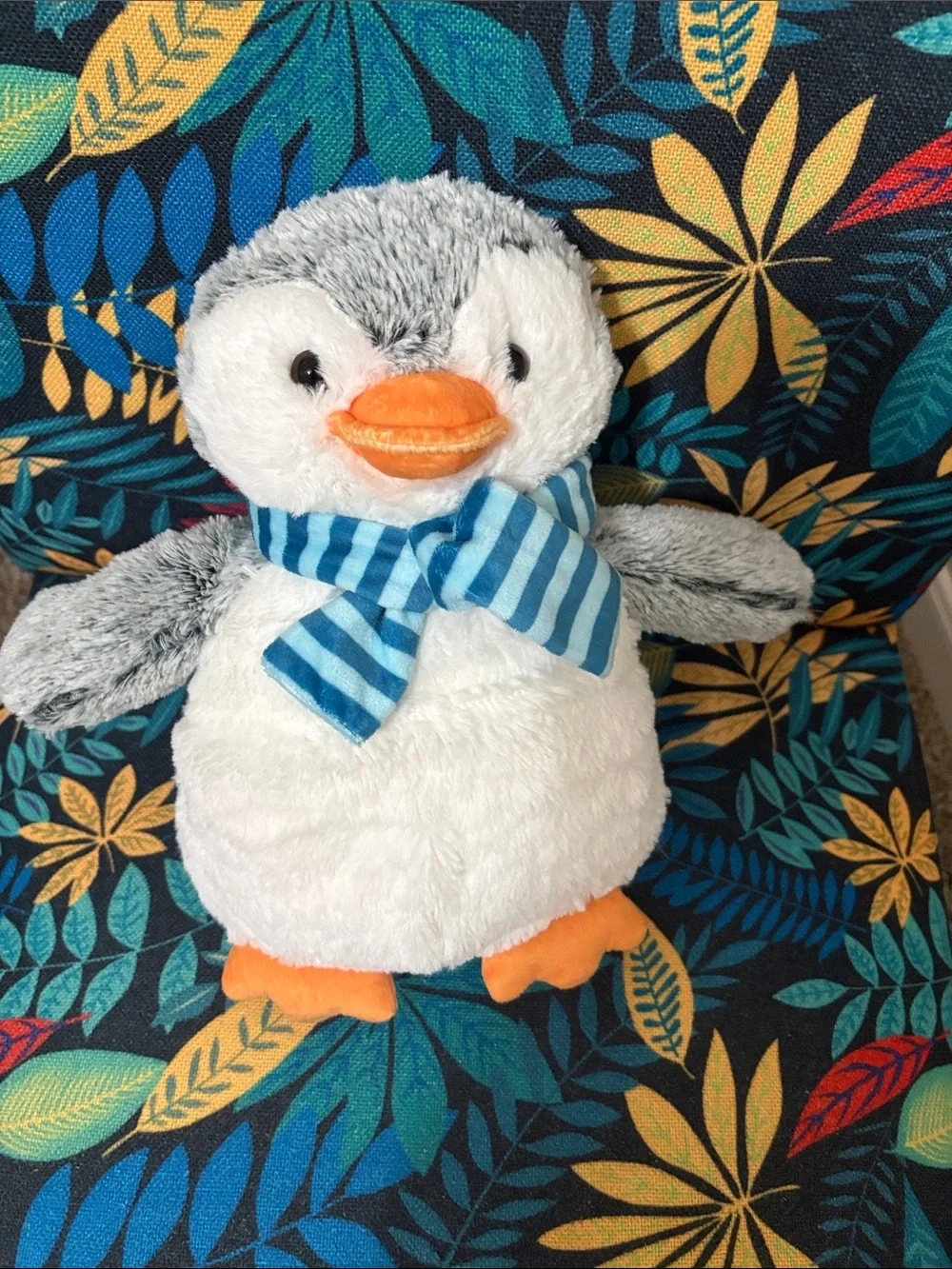 Plush Penguin Stuffed Animal with Blue Striped Scarf - Soft Grey & White